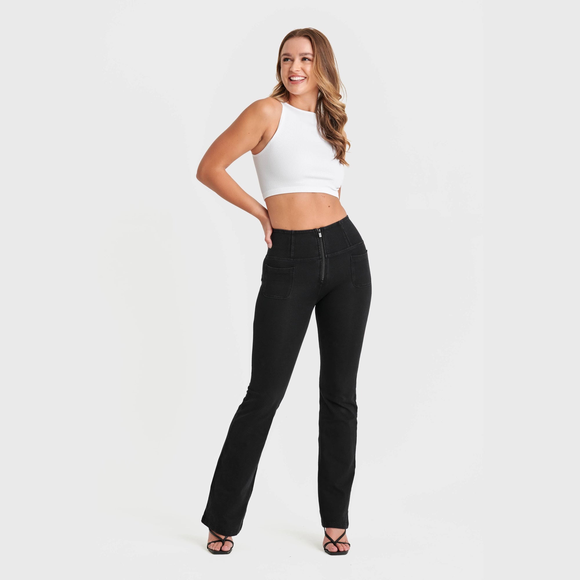 WR.UP® Denim with Front Pockets - Super High Waisted - Flare - Black + Black Stitching