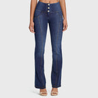 جينز WR.UP® - خصر مرتفع - تصميم واسع من الأسفل - أزرق داكن مع خياطة صفراء