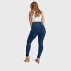 بنطال جينز WR.UP® Curvy - بسحاب وخصر عالٍ - طول كامل - أزرق داكن مع خياطة زرقاء