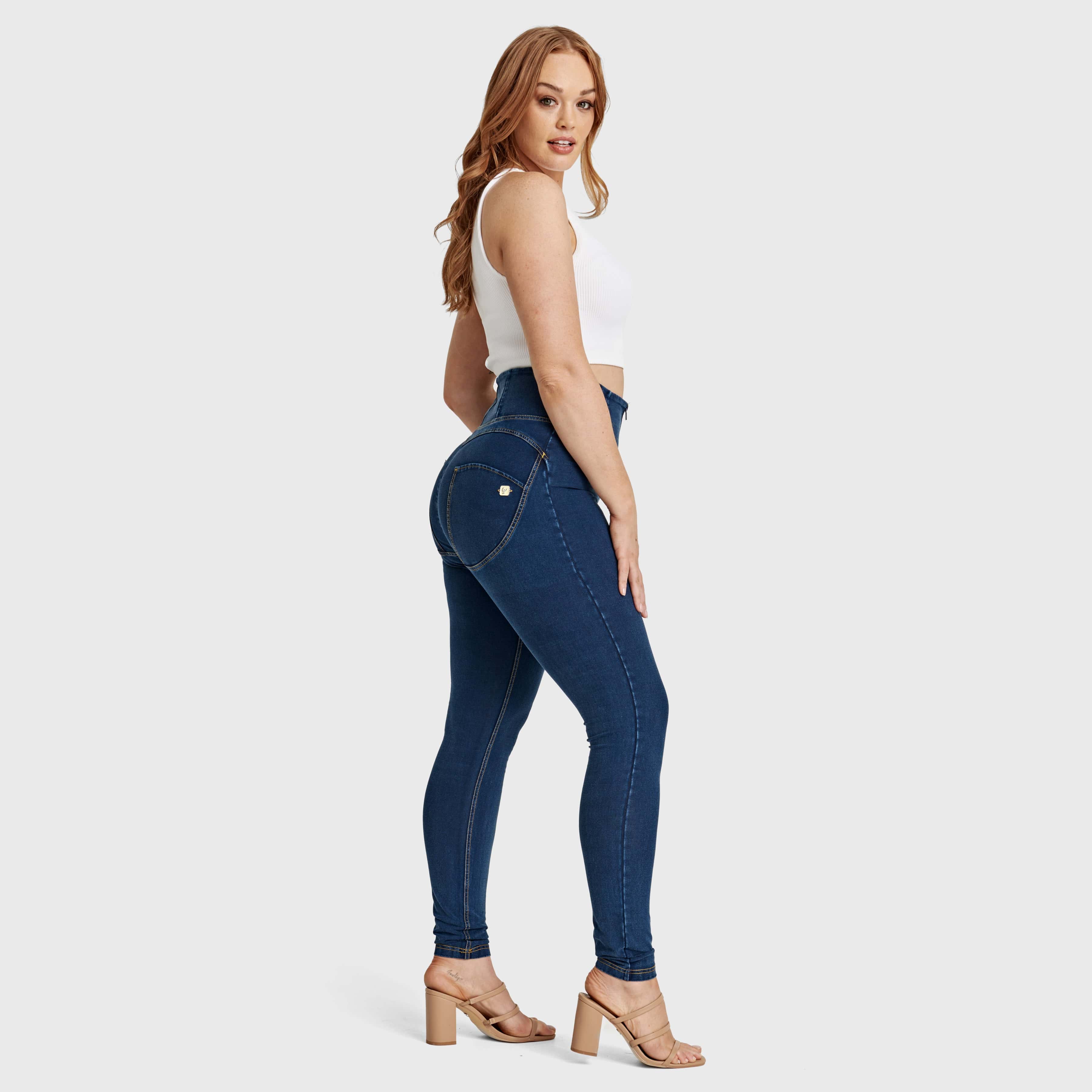 WR.UP® Curvy Denim - Zip High Waisted - Full Length - Dark Blue + Yellow Stitching