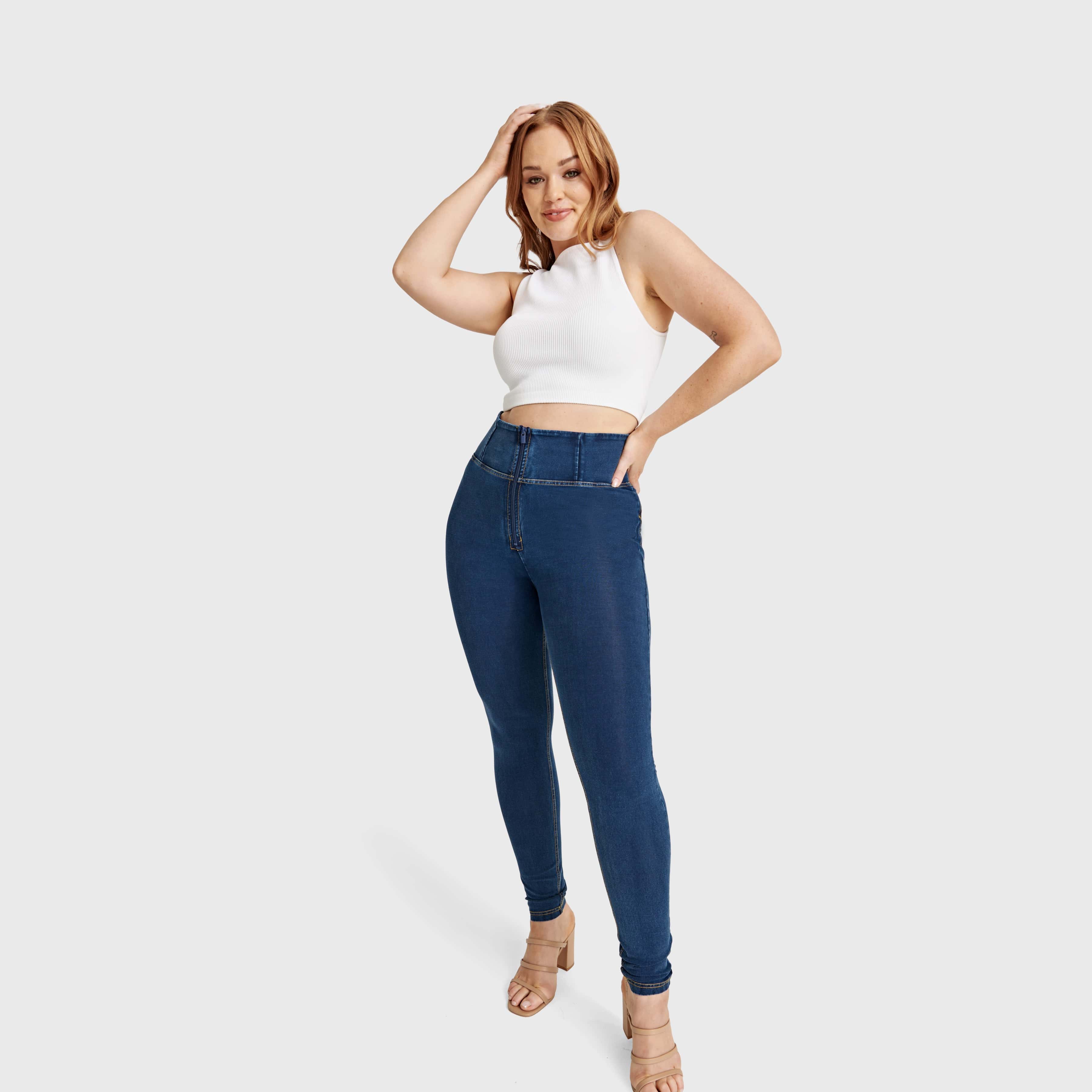 WR.UP® Curvy Denim - Zip High Waisted - Full Length - Dark Blue + Yellow Stitching