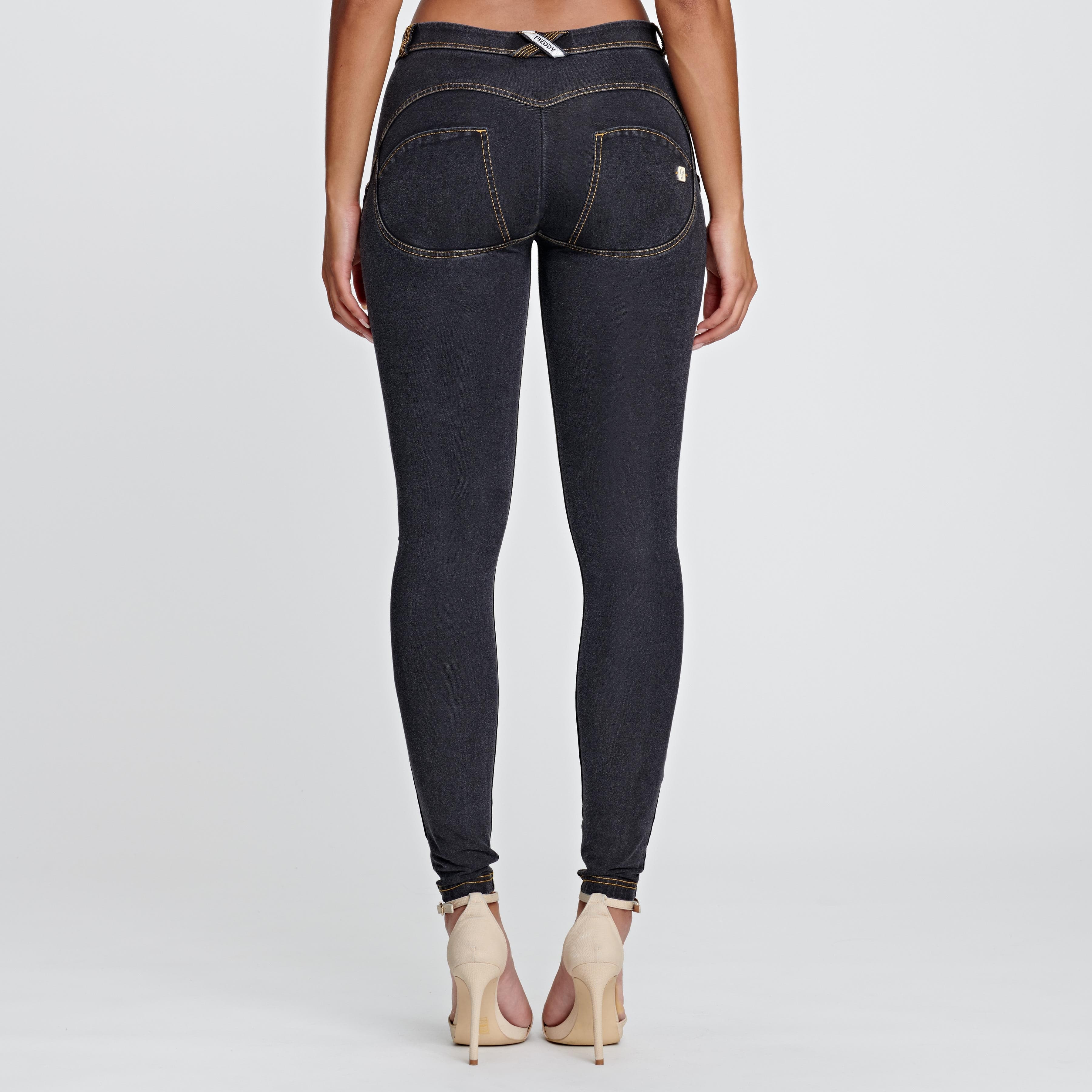 جينز WR.UP® - خصر متوسط ​​الارتفاع - طول كامل - أسود + خياطة صفراء 