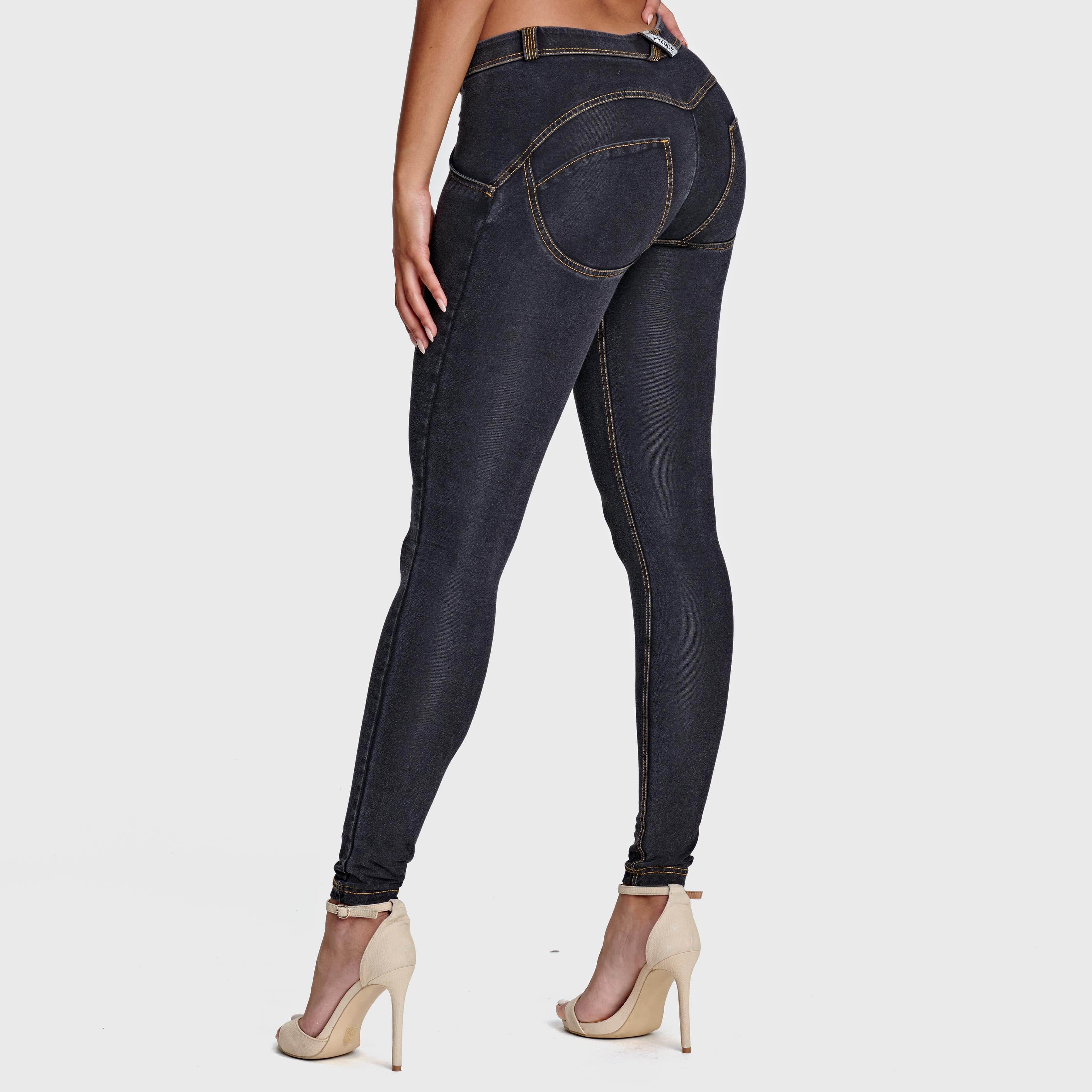 جينز WR.UP® - خصر متوسط ​​الارتفاع - طول كامل - أسود + خياطة صفراء 