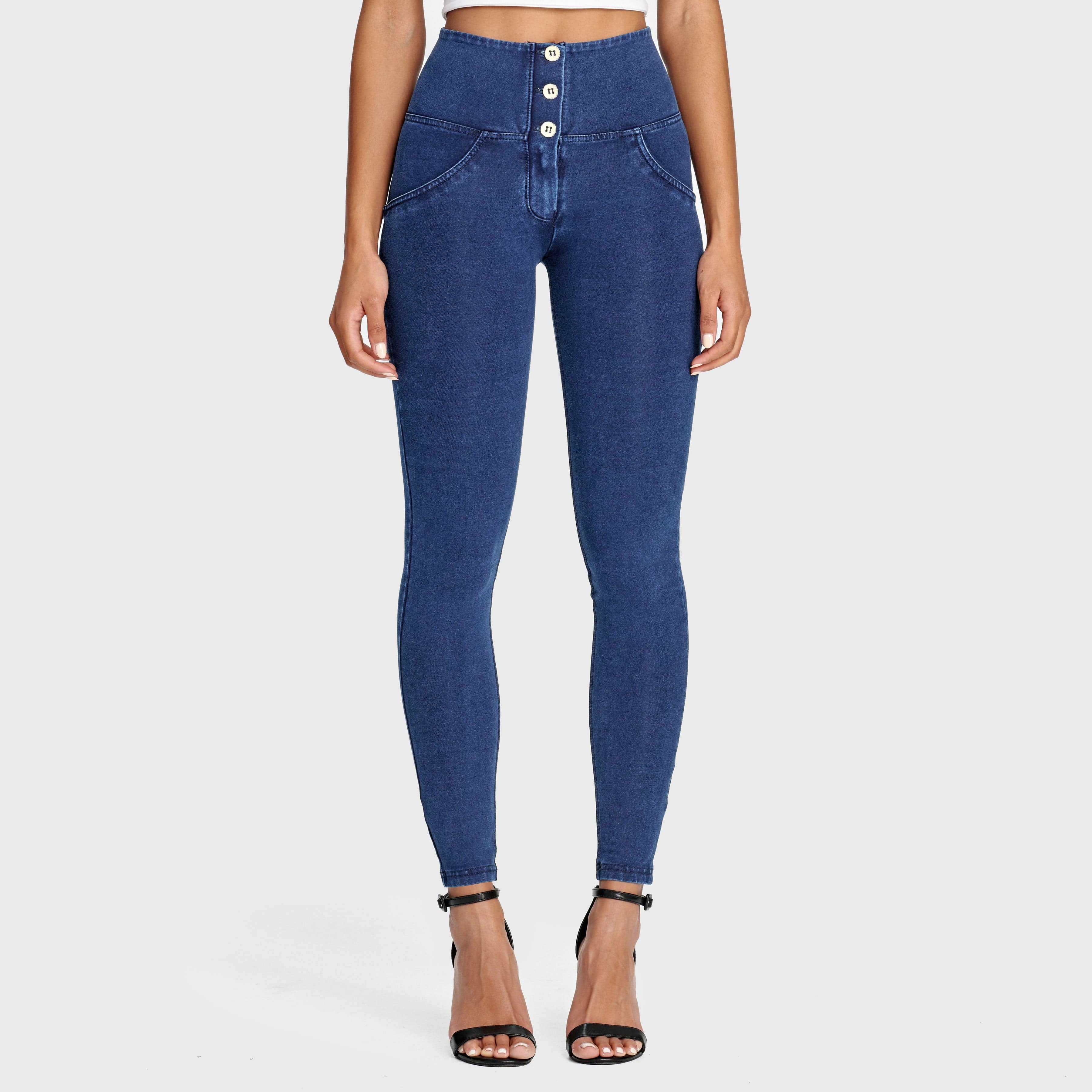 WR.UP® Denim - 3 Button High Waisted - Full Length - Dark Blue + Blue Stitching