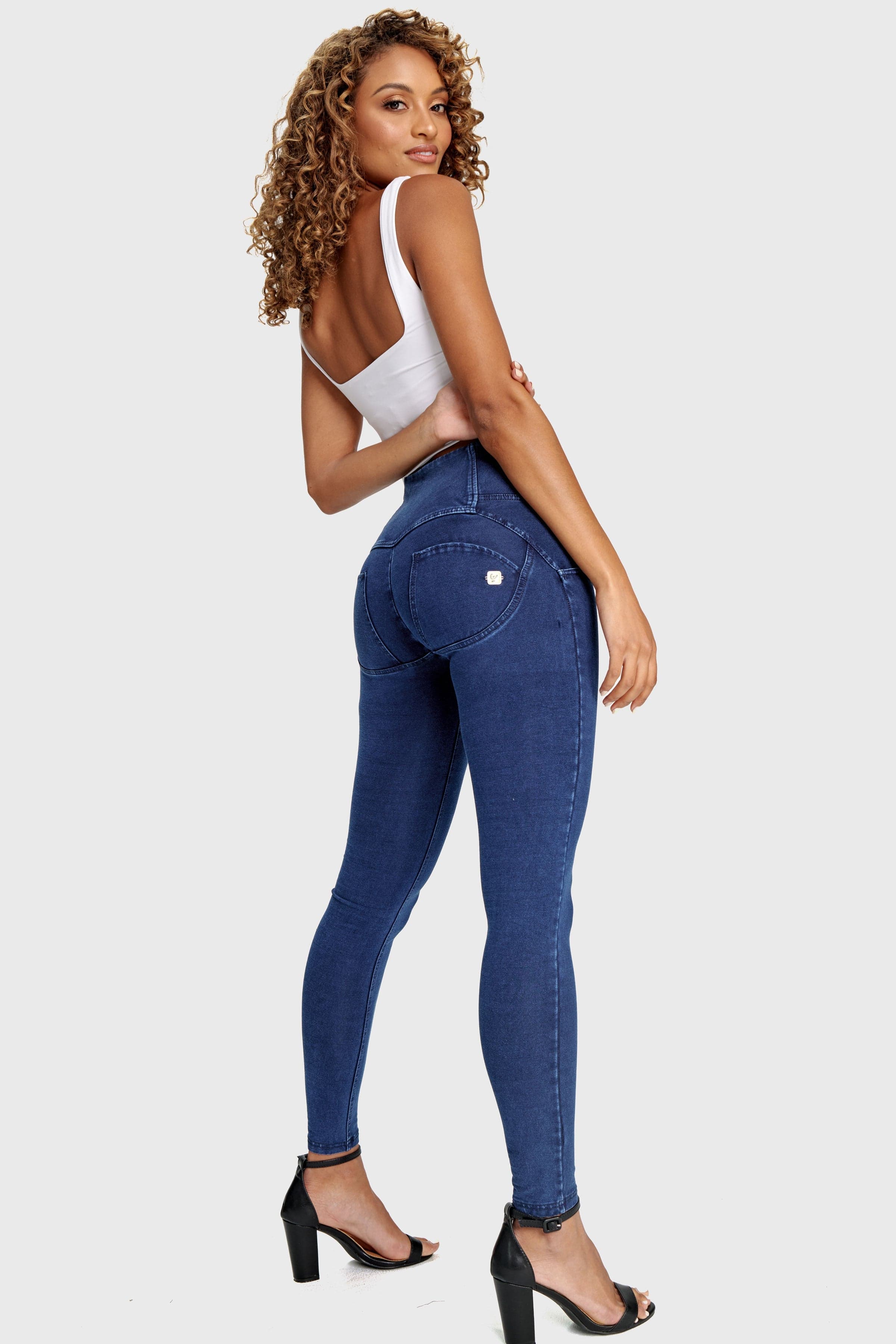 WR.UP® Denim - 3 Button High Waisted - Full Length - Dark Blue + Blue Stitching