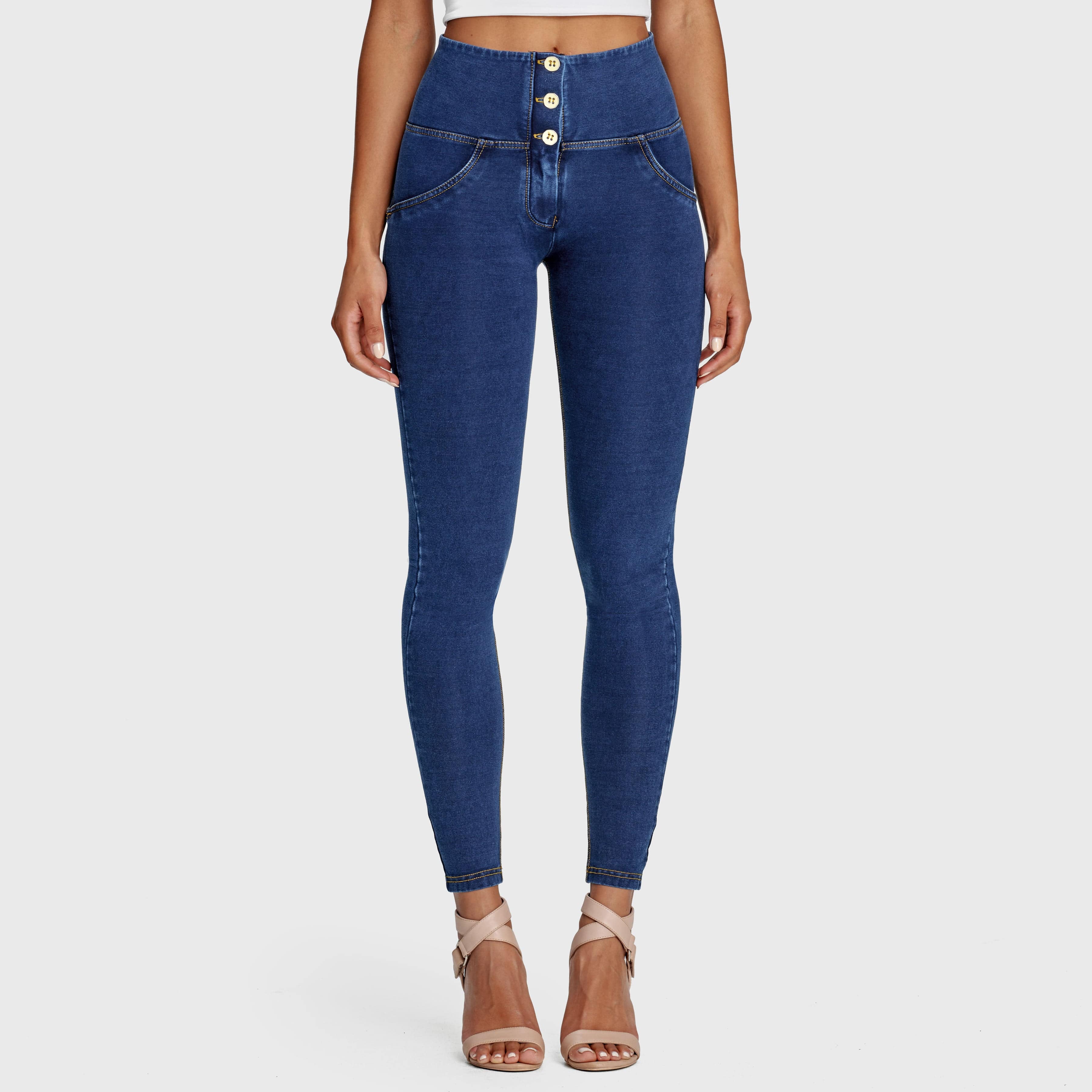 WR.UP® Denim - 3 Button High Waisted - Full Length  - Dark Blue + Yellow Stitching