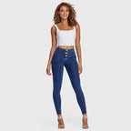 بنطال جينز WR.UP® - بثلاثة أزرار وخصر عالٍ - طول كامل - أزرق داكن مع خياطة صفراء