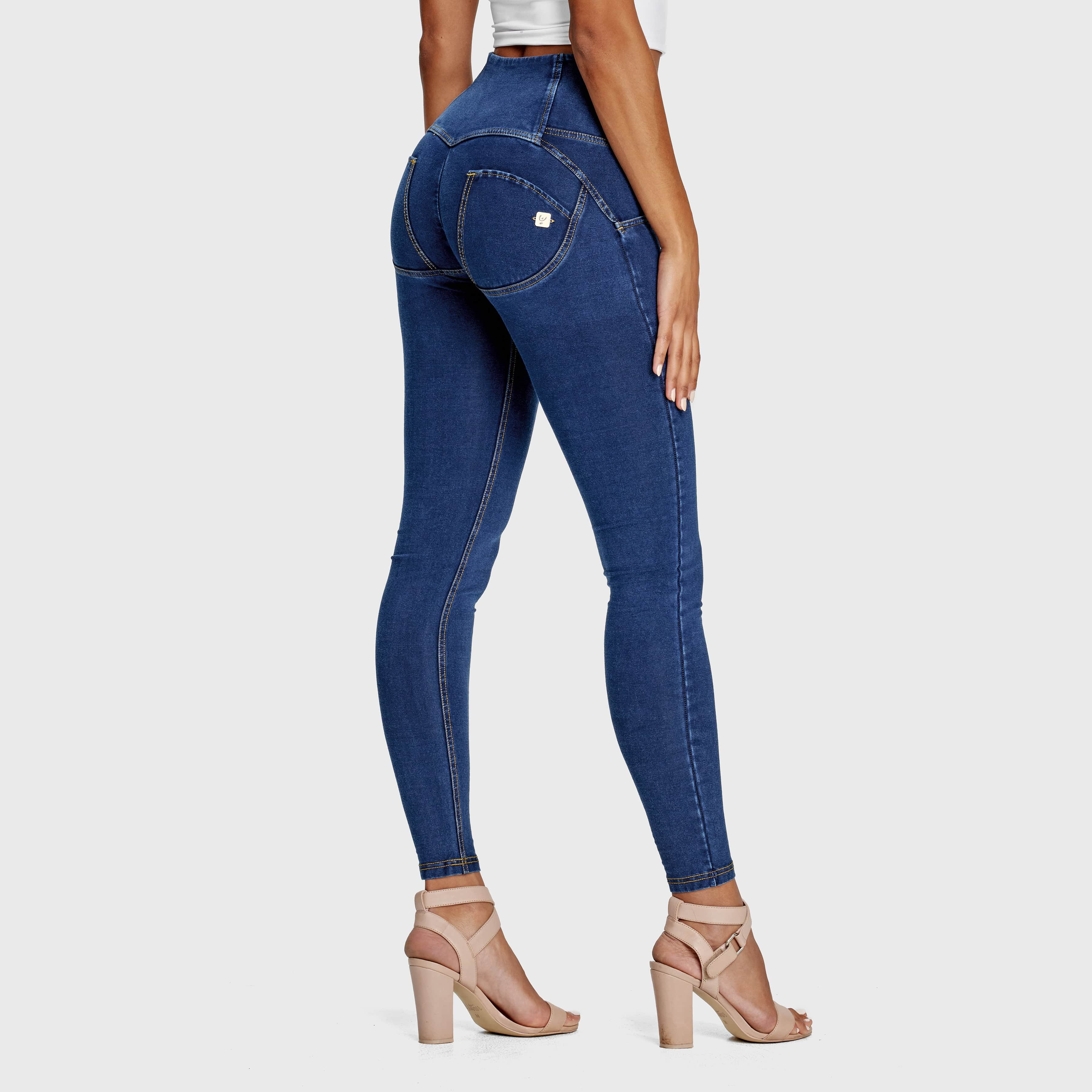 WR.UP® Denim - 3 Button High Waisted - Full Length  - Dark Blue + Yellow Stitching