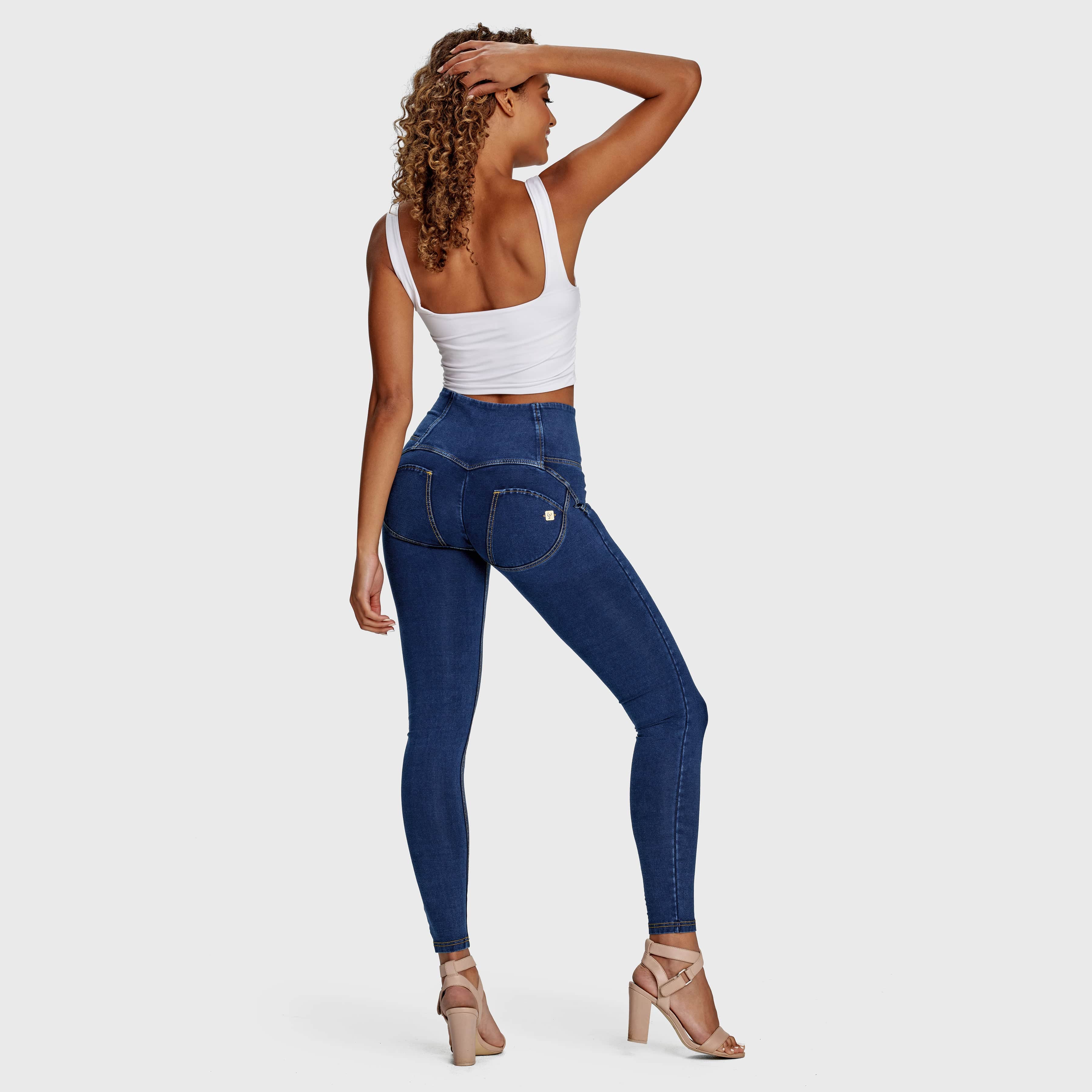 WR.UP® Denim - 3 Button High Waisted - Full Length  - Dark Blue + Yellow Stitching