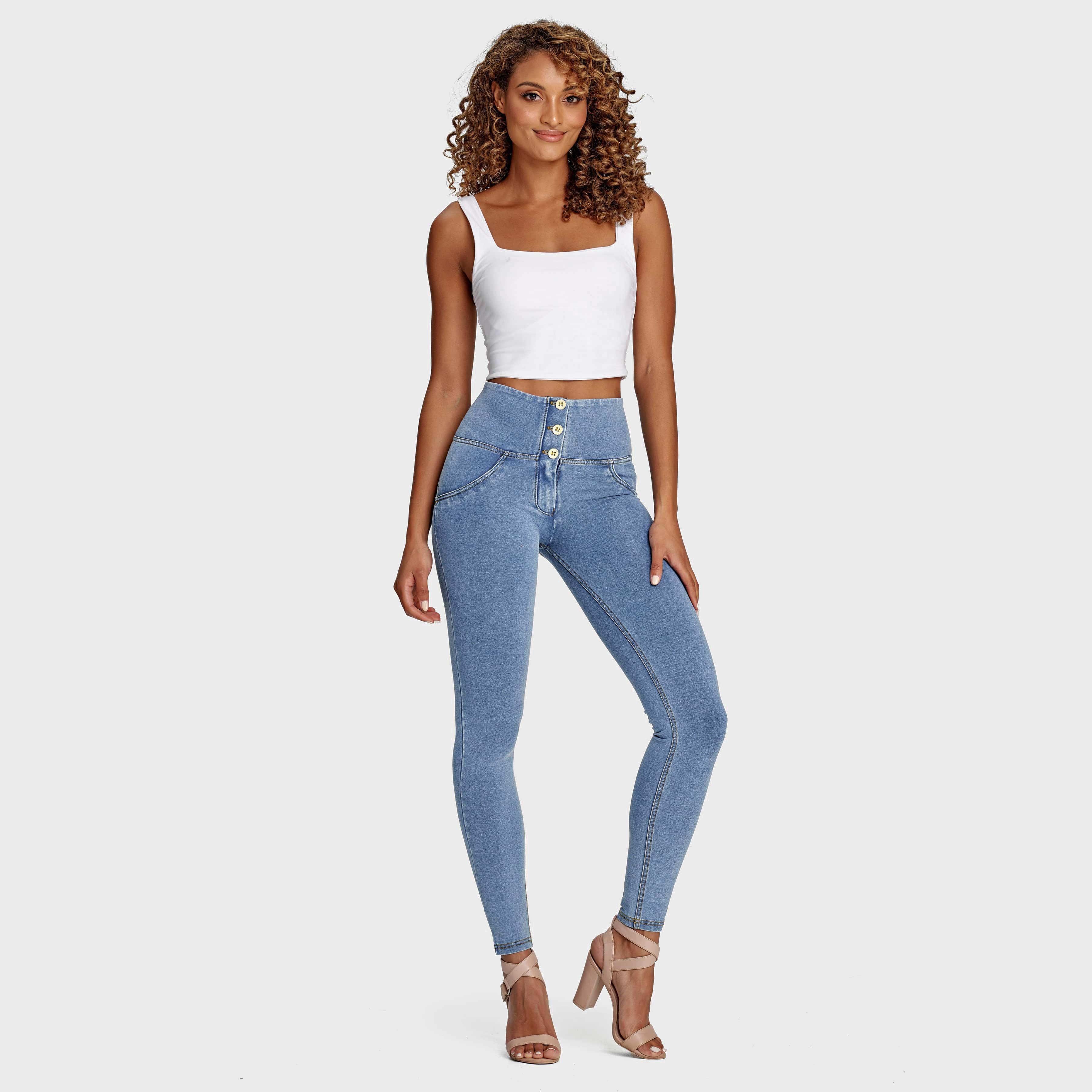 WR.UP® Denim - 3 Button High Waisted - Full Length - Light Blue + Yellow Stitching