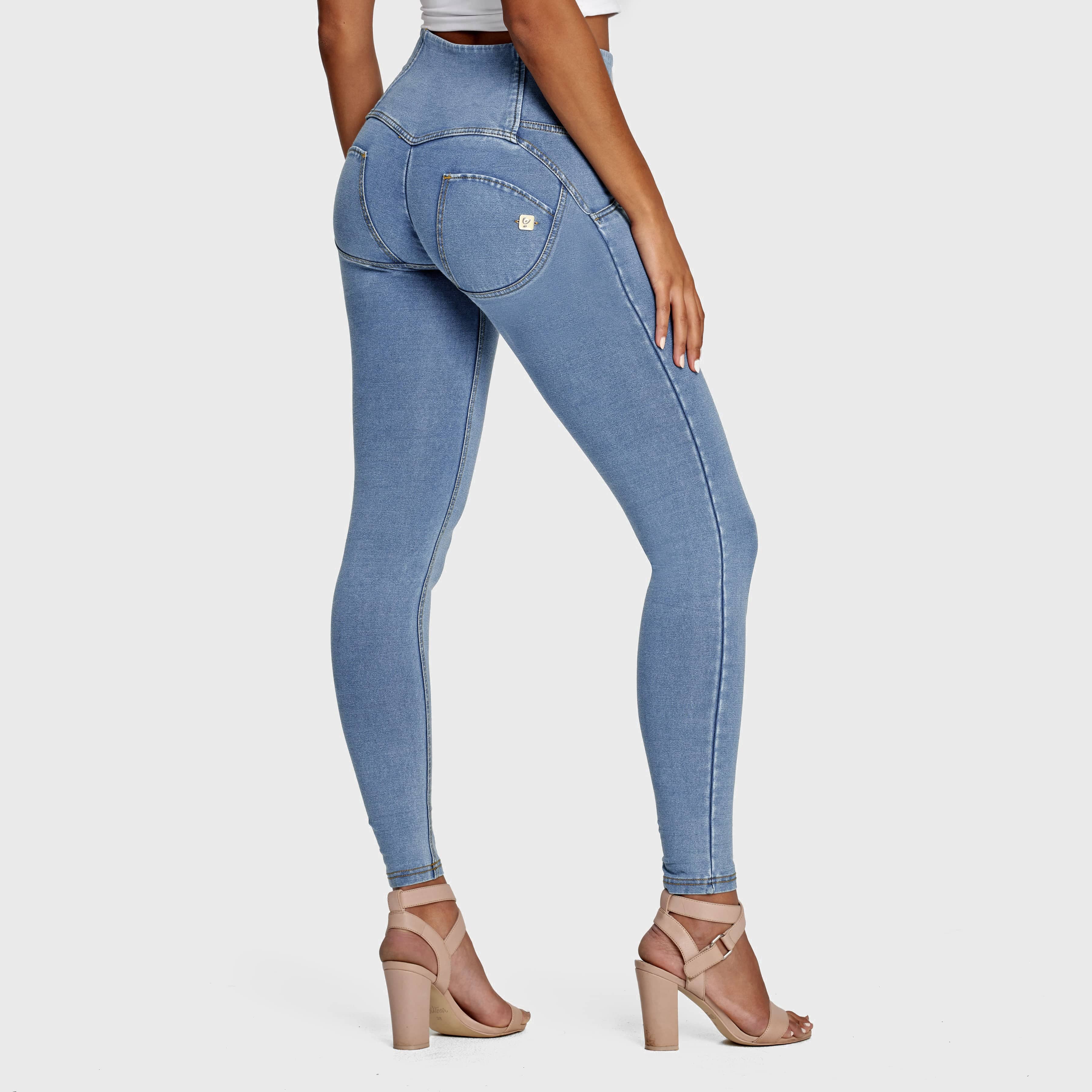 WR.UP® Denim - 3 Button High Waisted - Full Length - Light Blue + Yellow Stitching