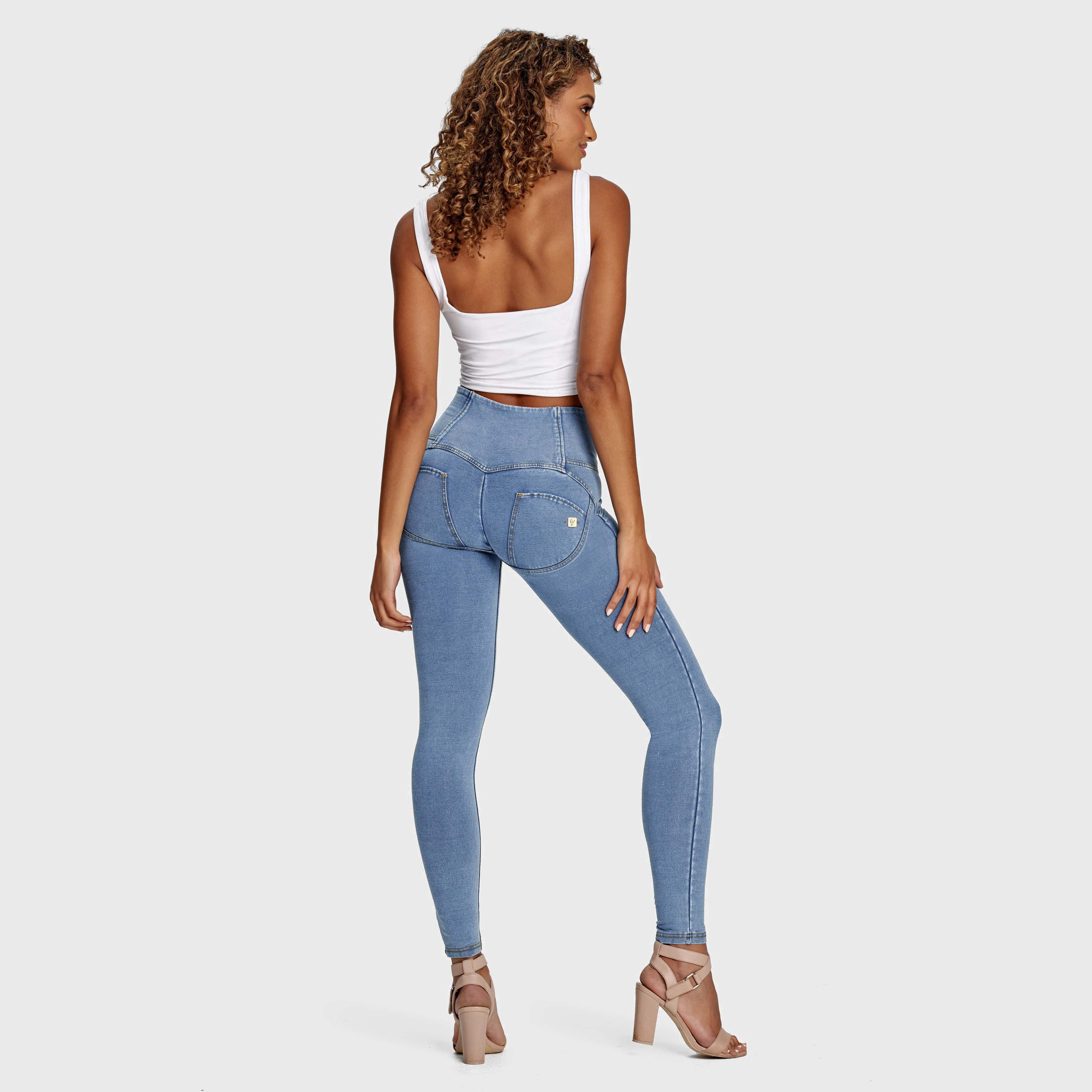 WR.UP® Denim - 3 Button High Waisted - Full Length - Light Blue + Yellow Stitching