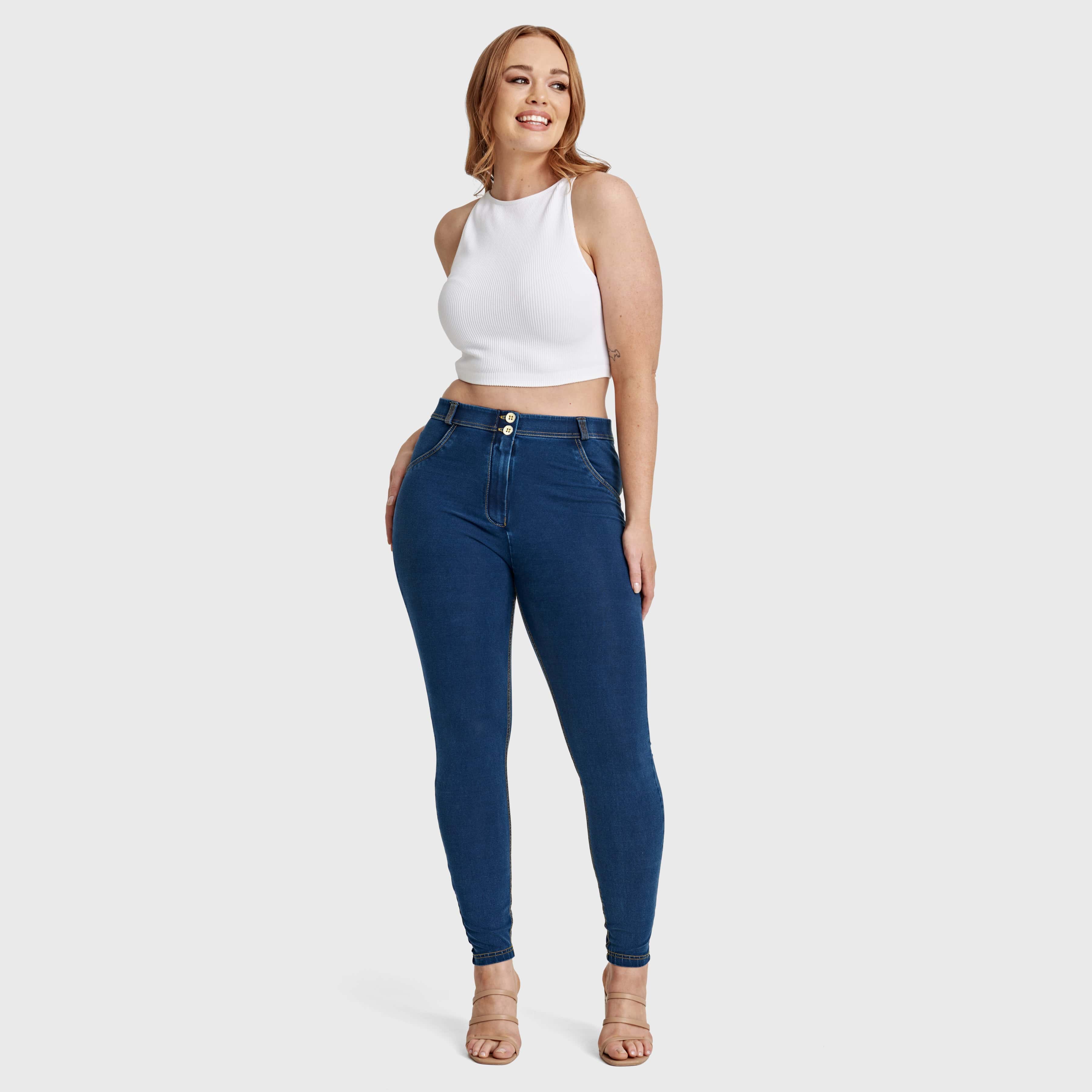 WR.UP® Curvy Denim - High Waisted - Full Length - Dark Blue + Yellow Stitching