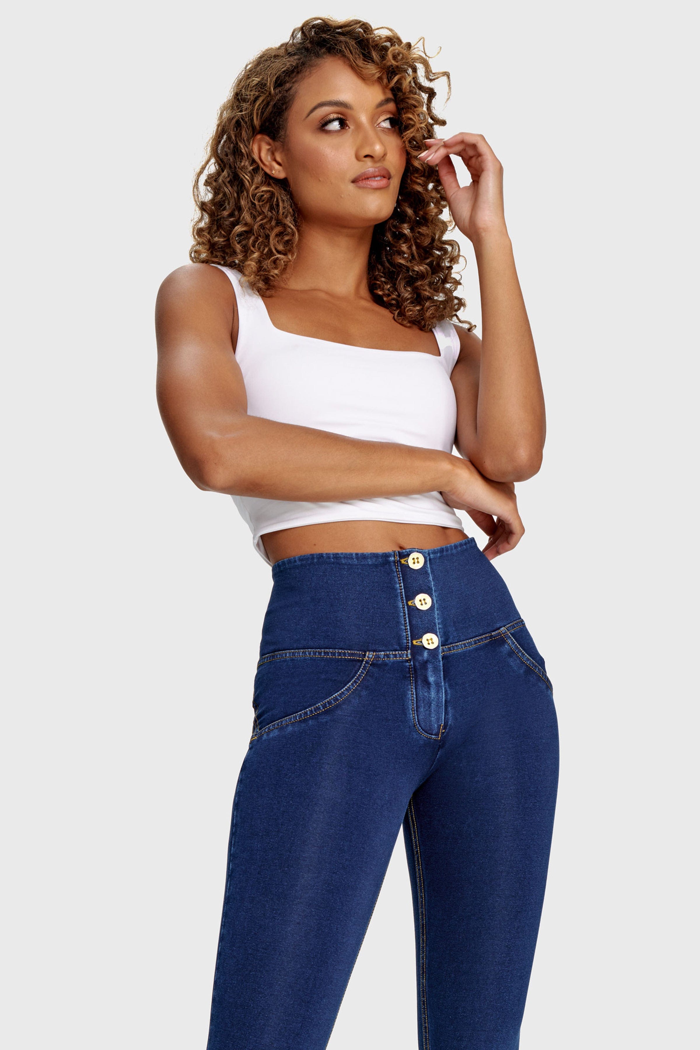 WR.UP® Denim - 3 Button High Waisted - Full Length  - Dark Blue + Yellow Stitching