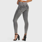 بنطال جينز WR.UP® - بثلاثة أزرار وخصر عالٍ - طول 7/8 - رمادي مع خياطة صفراء