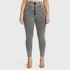 بنطال جينز WR.UP® Curvy - بسحاب وخصر عالٍ - طول 7/8 - رمادي مع خياطة صفراء