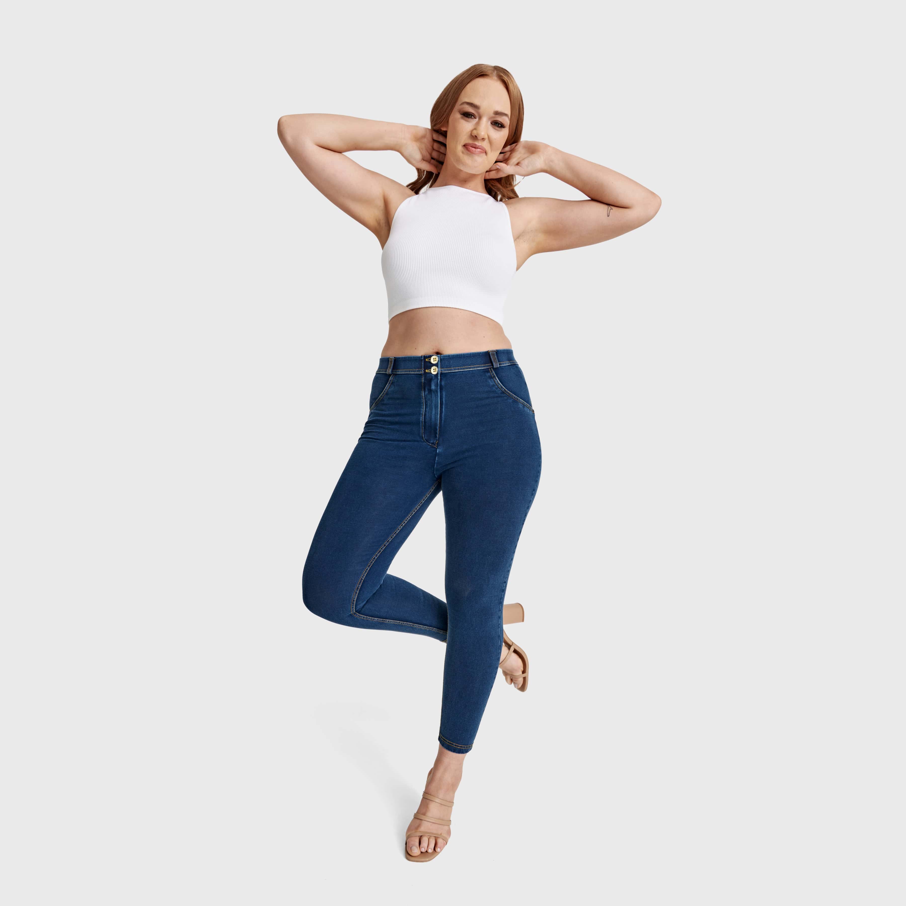 WR.UP® Curvy Denim - High Waisted - 7/8 Length - Dark Blue + Yellow Stitching