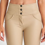 بنطال رياضي من الجلد الصناعي من WR.UP® - خصر مرتفع - طول 7/8 - بيج