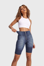 WR.UP® Denim - High Waisted - Biker Shorts - Dark Blue + Blue Stitching