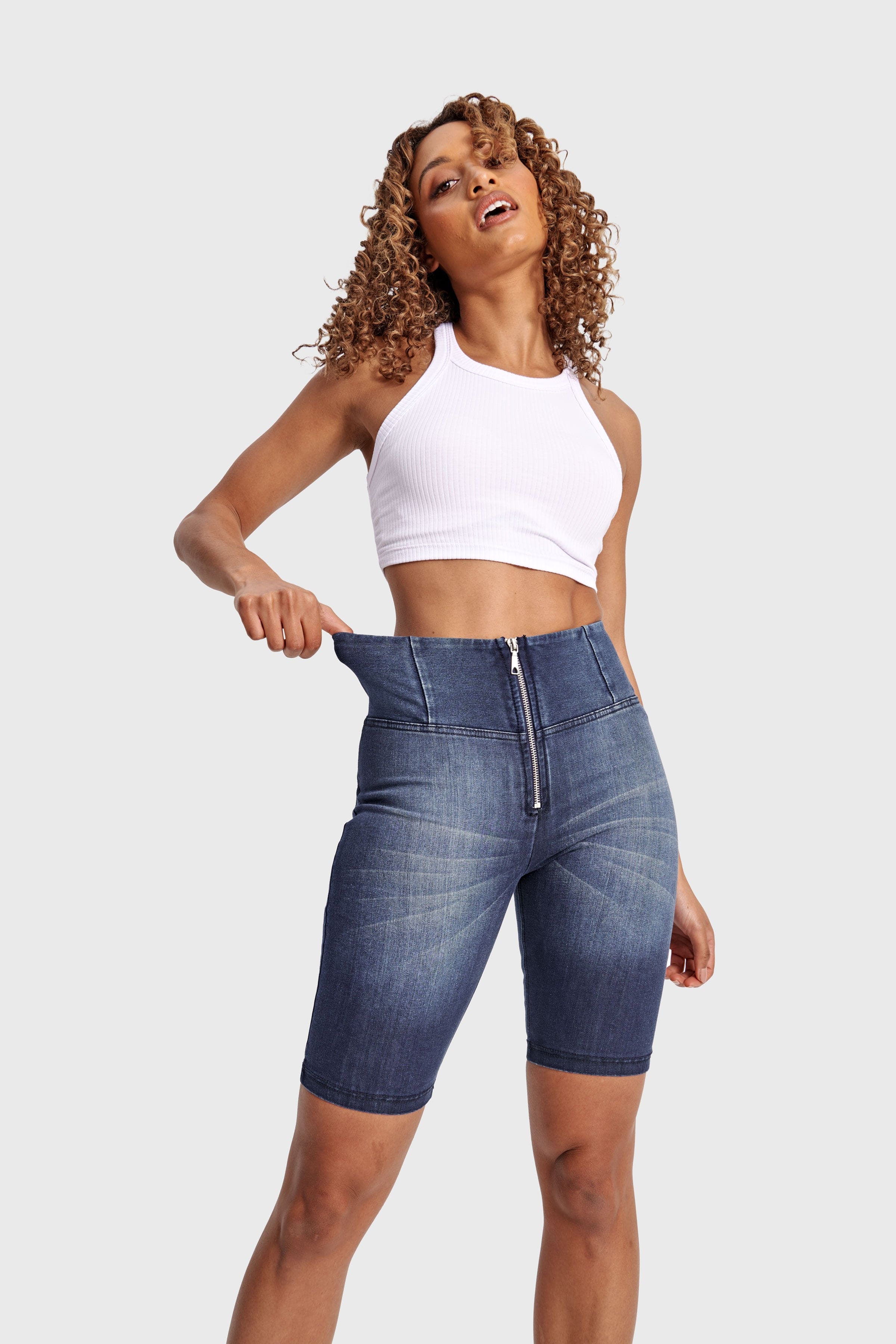 WR.UP® Denim - High Waisted - Biker Shorts - Dark Blue + Blue Stitching