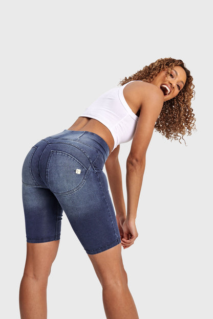 WR.UP® Denim - High Waisted - Biker Shorts - Dark Blue + Blue Stitching