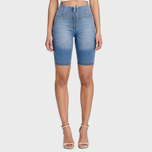 WR.UP® Denim - High Waisted - Biker Shorts - Light Blue + Yellow Stitching
