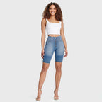 WR.UP® Denim - High Waisted - Biker Shorts - Light Blue + Yellow Stitching