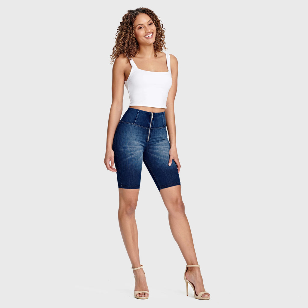 WR.UP® Denim - High Waisted - Biker Shorts - Dark Blue + Blue Stitching