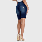 WR.UP® Denim - High Waisted - Biker Shorts - Dark Blue + Blue Stitching