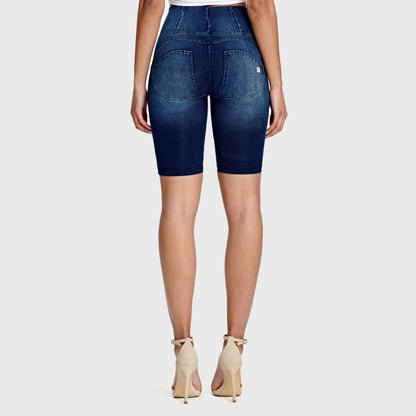 WR.UP® Denim - High Waisted - Biker Shorts - Dark Blue + Blue Stitching