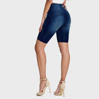 WR.UP® Denim - High Waisted - Biker Shorts - Dark Blue + Blue Stitching