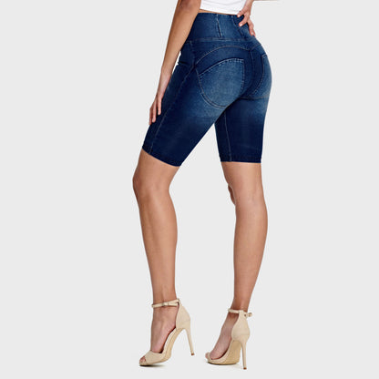 WR.UP® Denim - High Waisted - Biker Shorts - Dark Blue + Blue Stitching