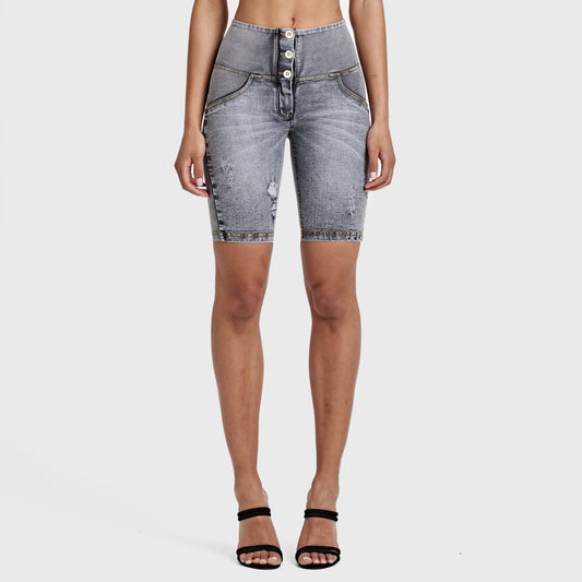 WR.UP® Distressed Denim - High Waisted - Biker Shorts - Grey + Yellow Stitching