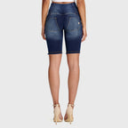 شورت جينز WR.UP® - خصر مرتفع - 3 أزرار - أزرق داكن + خياطة صفراء