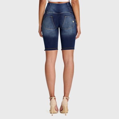 WR.UP® Denim - High Waisted - 3 Button Biker Shorts - Dark Blue + Yellow Stitching