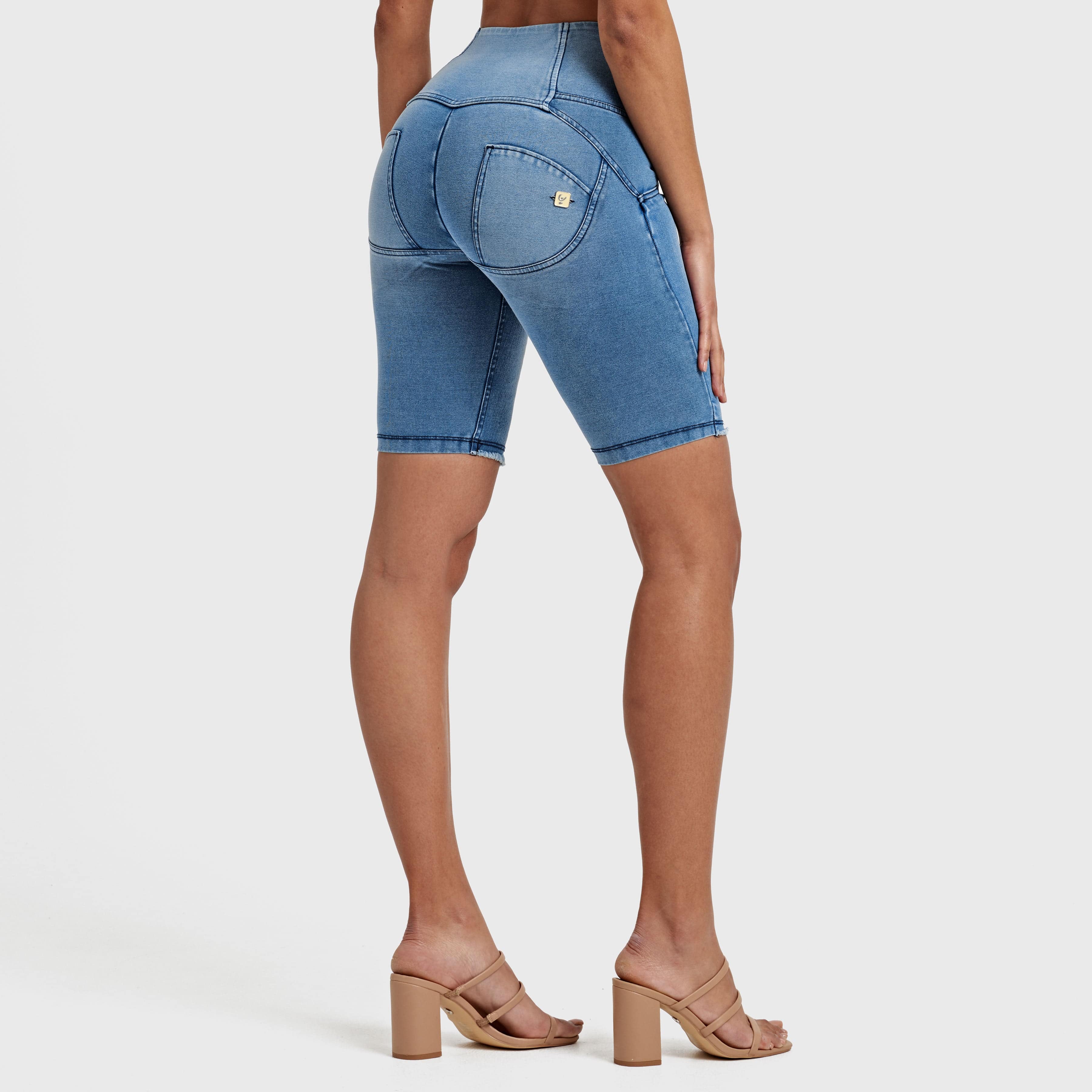 WR.UP® Denim - High Waisted - 3 Button Biker Shorts - Light Blue + Blue Stitching