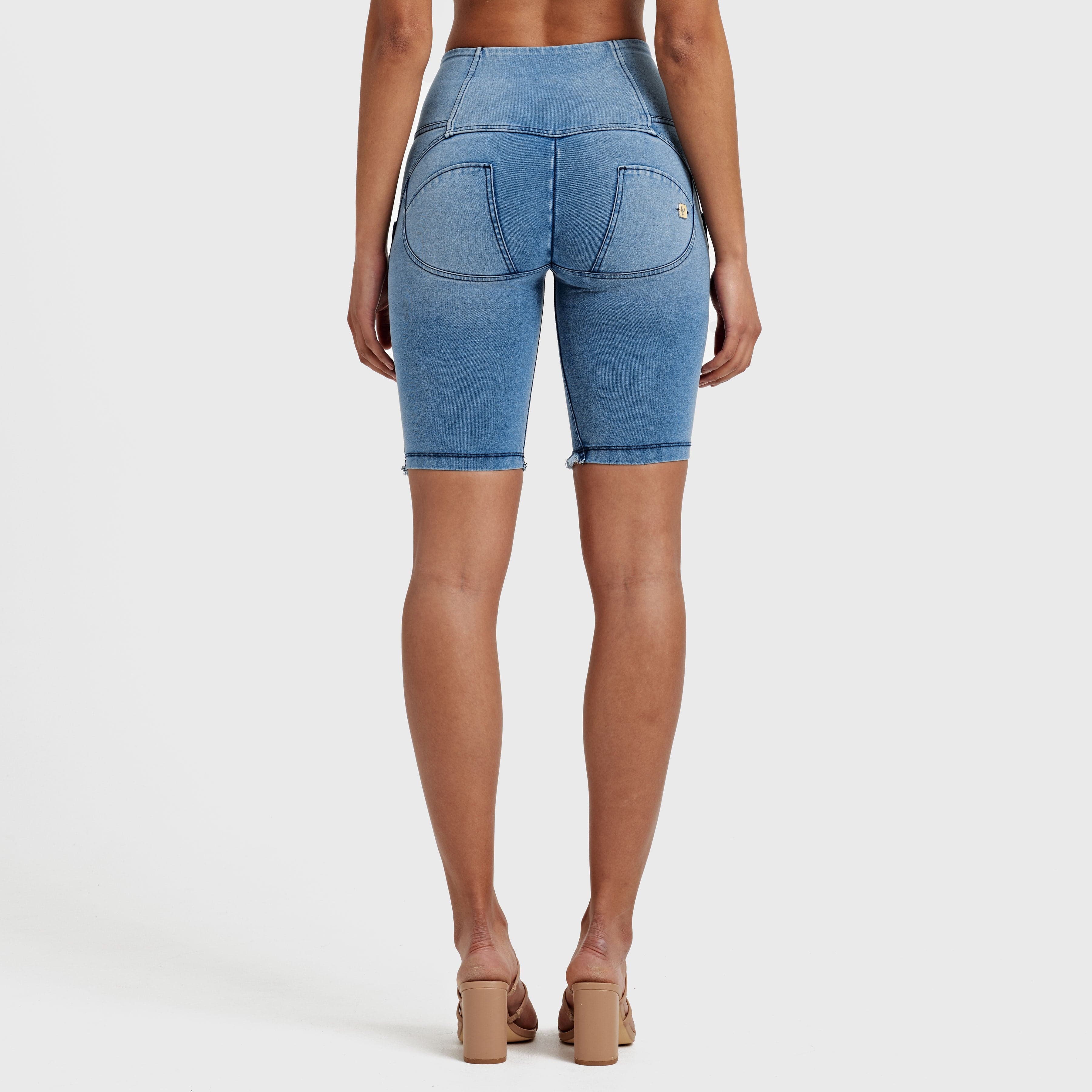 WR.UP® Denim - High Waisted - 3 Button Biker Shorts - Light Blue + Blue Stitching