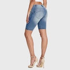 شورت جينز WR.UP® - خصر متوسط ​​الارتفاع - شورت رياضي - أزرق فاتح مع خياطة صفراء