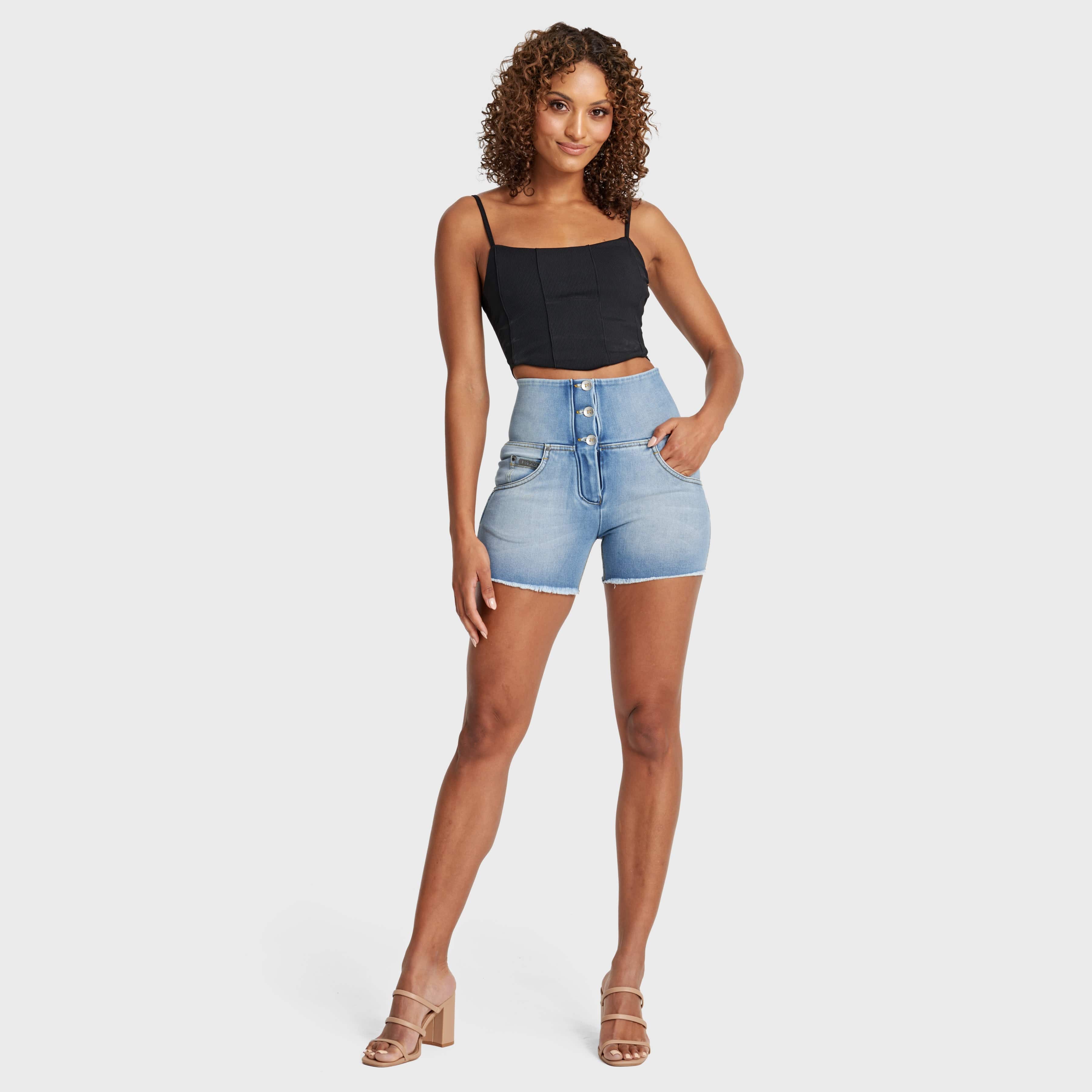 WR.UP® Snug Jeans - 3 Button High Waisted - Shorts - Light Blue + Yellow Stitching