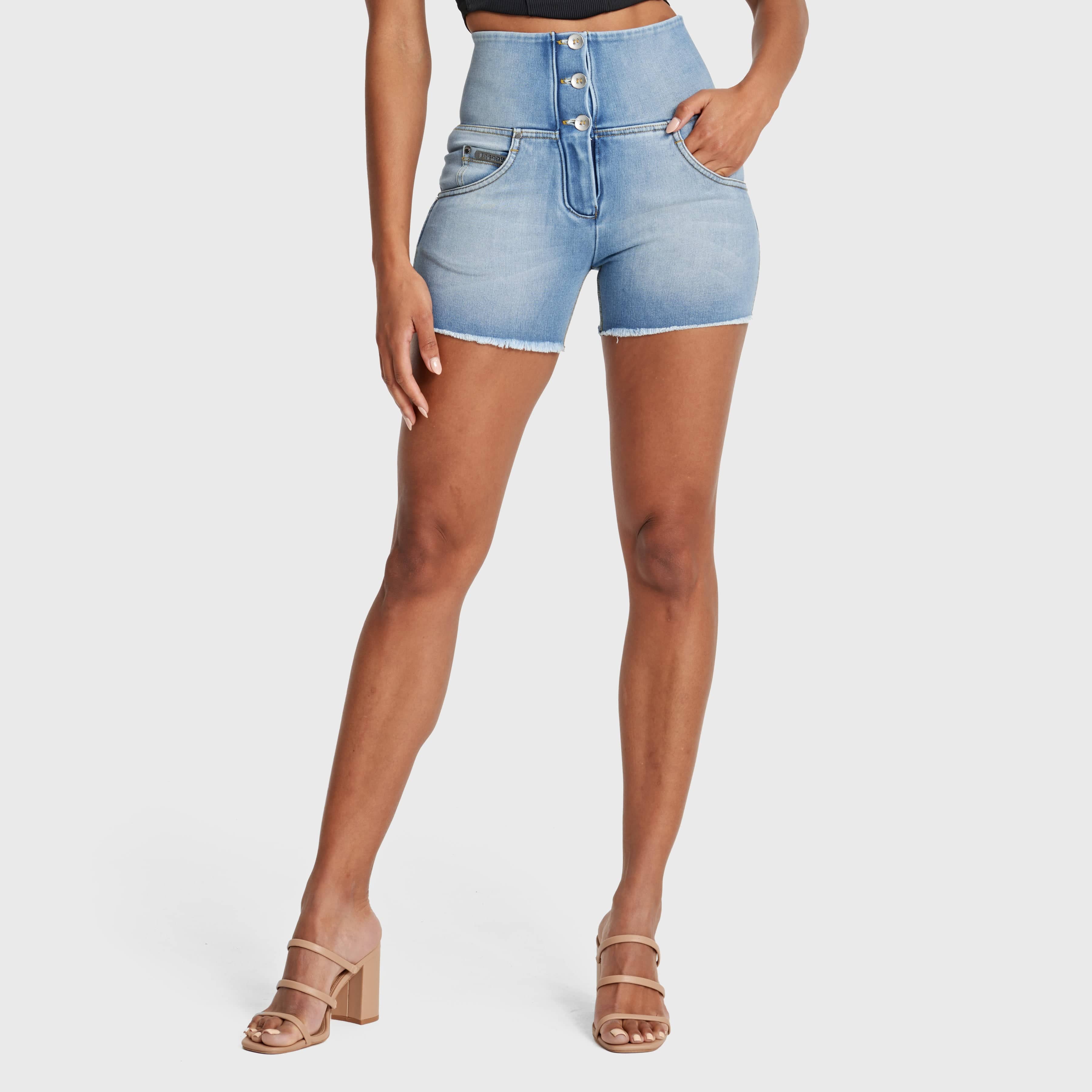 WR.UP® Snug Jeans - 3 Button High Waisted - Shorts - Light Blue + Yellow Stitching