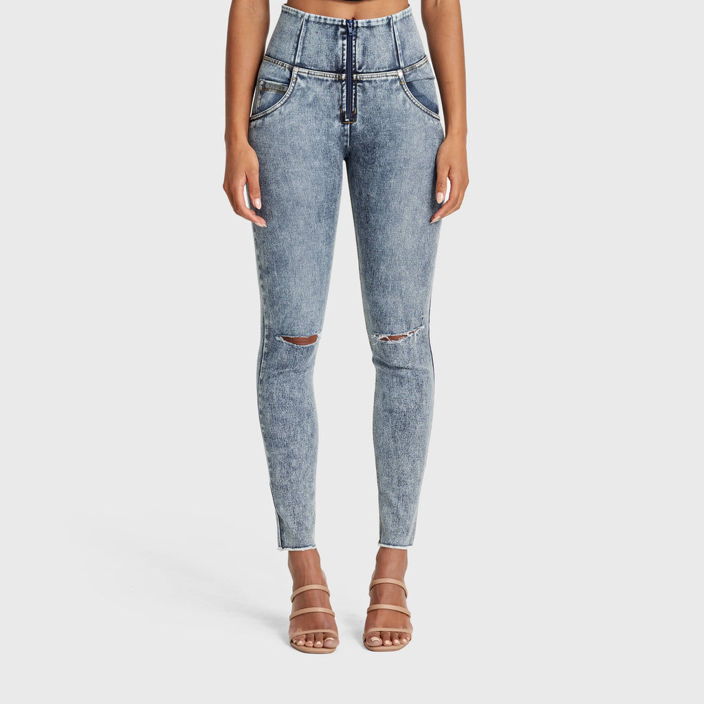 بنطلون جينز ممزق ضيق من WR.UP® - خصر مرتفع - طول كامل - أزرق مغسول بحجر الستون + خياطة صفراء