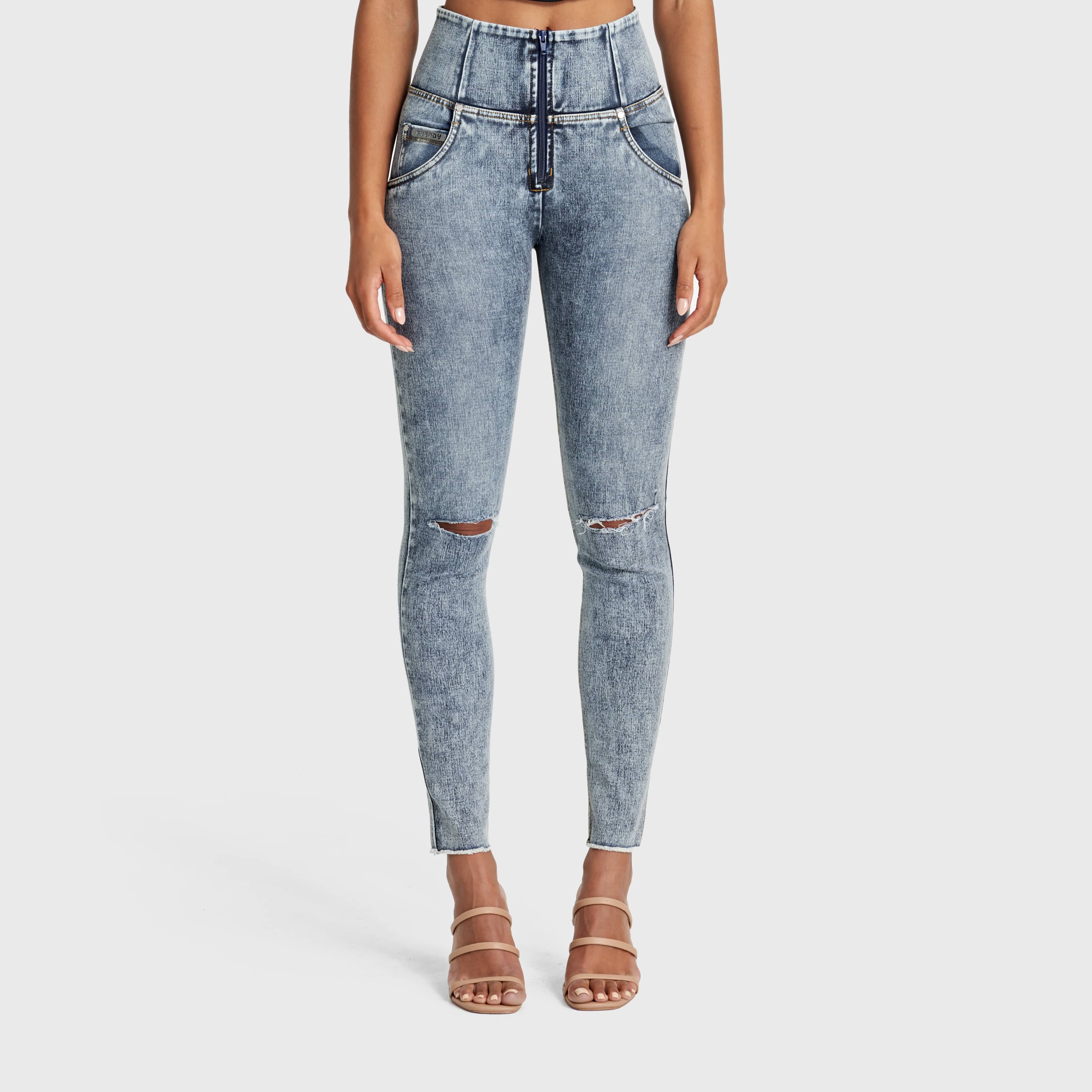 بنطلون جينز ممزق ضيق من WR.UP® - خصر مرتفع - طول كامل - أزرق مغسول بحجر الستون + خياطة صفراء