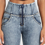 بنطلون جينز ممزق ضيق من WR.UP® - خصر مرتفع - طول كامل - أزرق مغسول بحجر الستون + خياطة صفراء