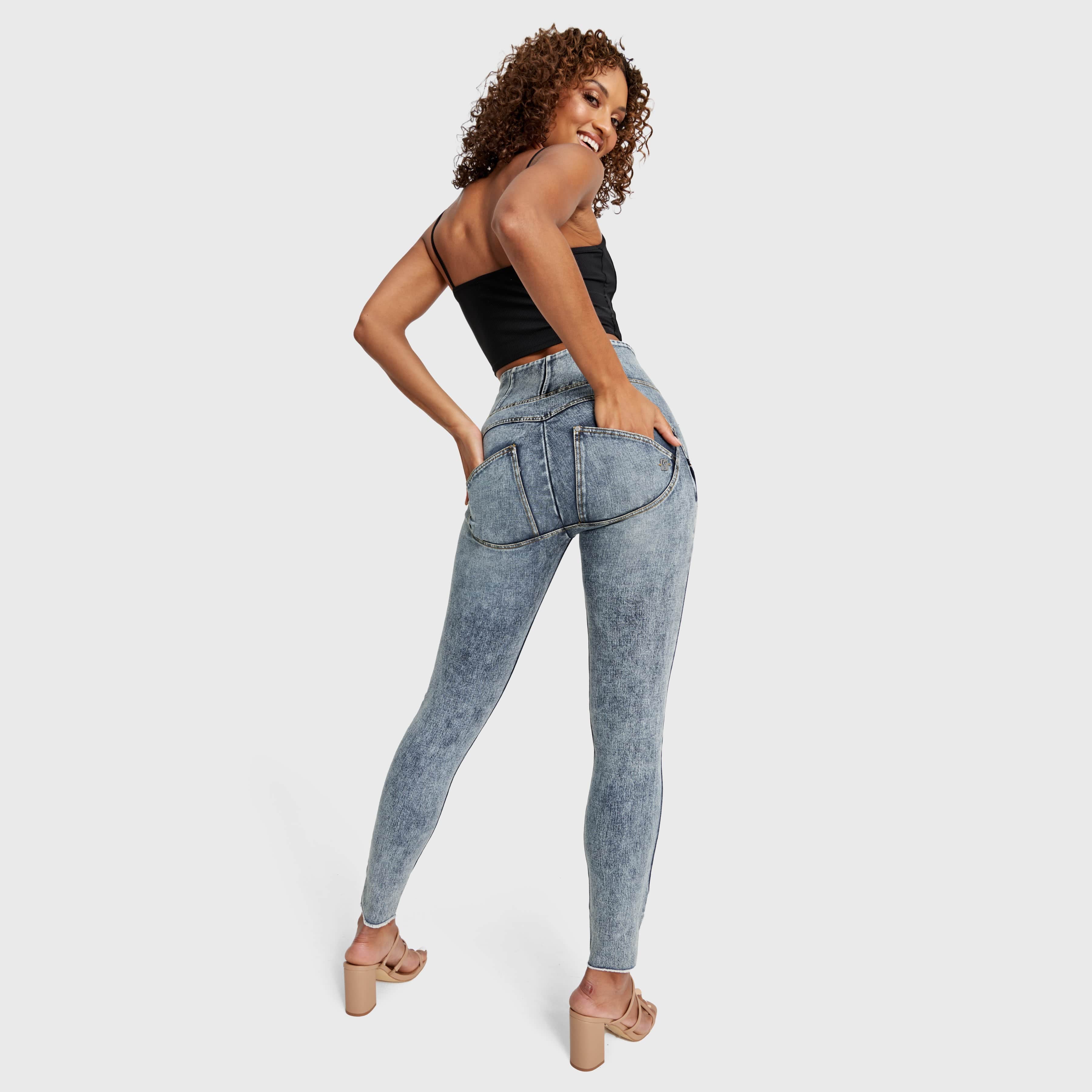 WR.UP® Snug Ripped Jeans - High Waisted - Full Length - Blue Stonewash + Yellow Stitching