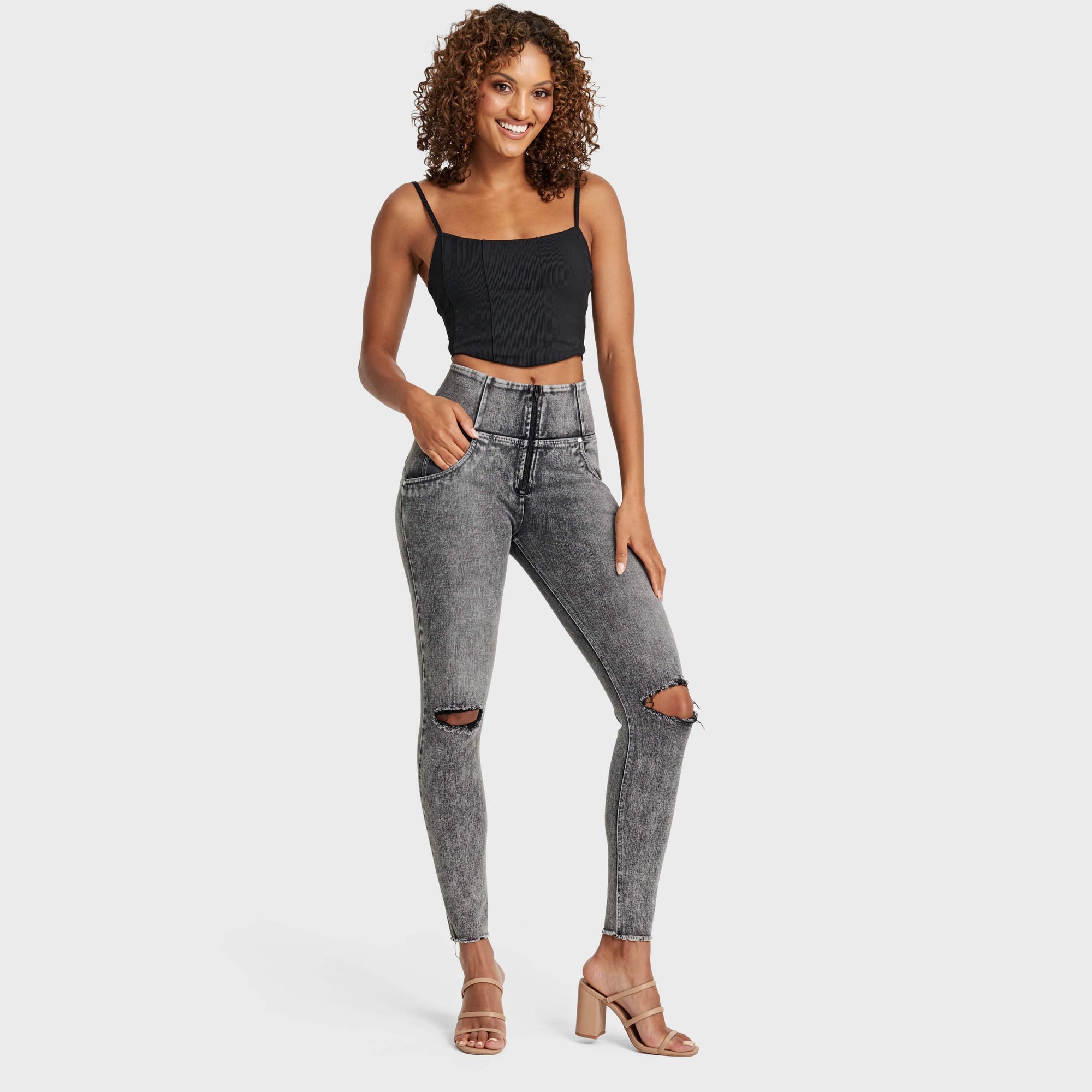 WR.UP® Snug Ripped Jeans - High Waisted - Full Length - Grey Stonewash + Grey Stitching