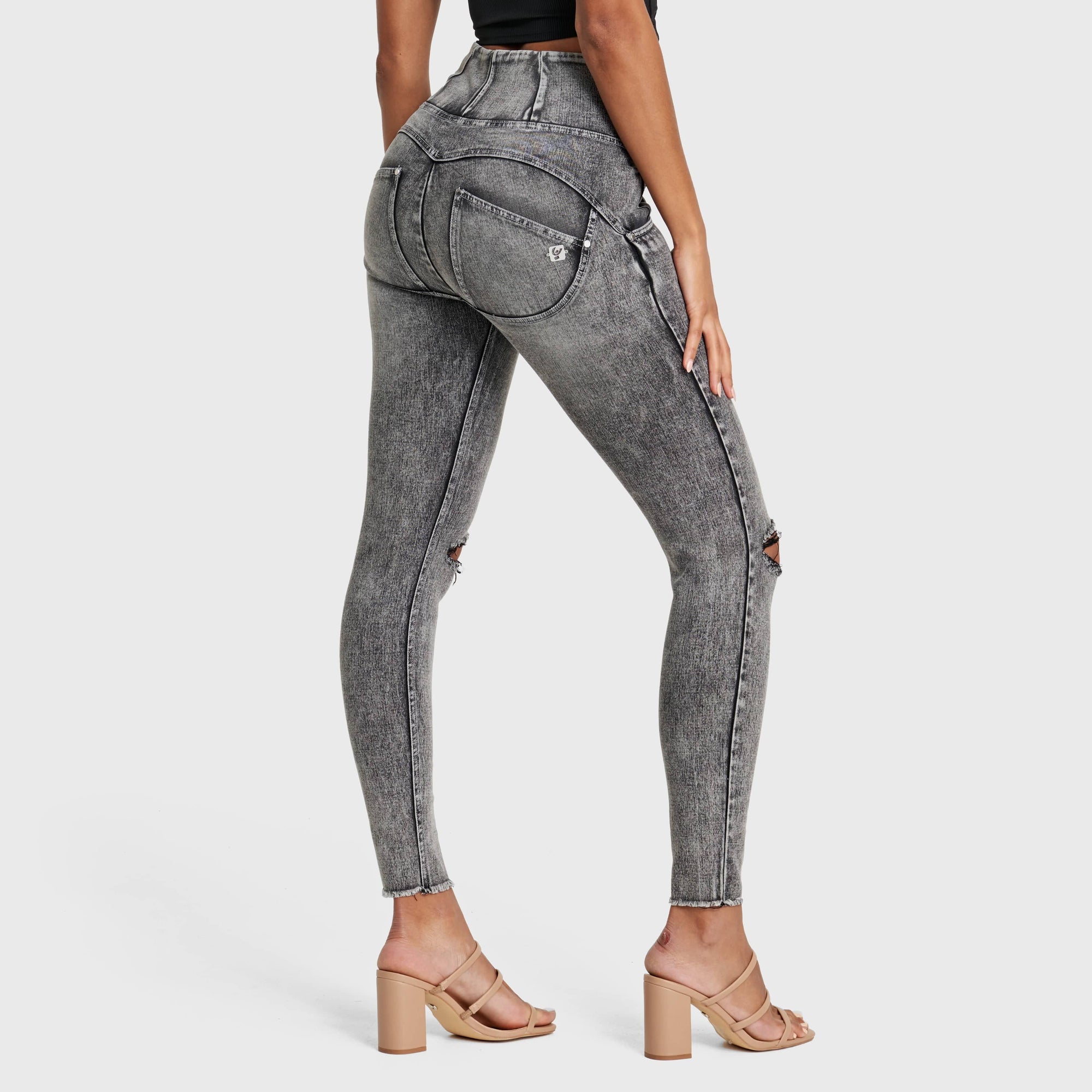 WR.UP® Snug Ripped Jeans - High Waisted - Full Length - Grey Stonewash + Grey Stitching