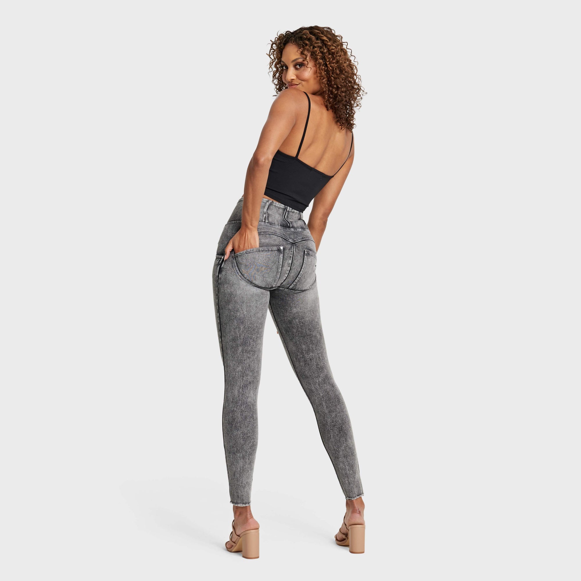 WR.UP® Snug Ripped Jeans - High Waisted - Full Length - Grey Stonewash + Grey Stitching