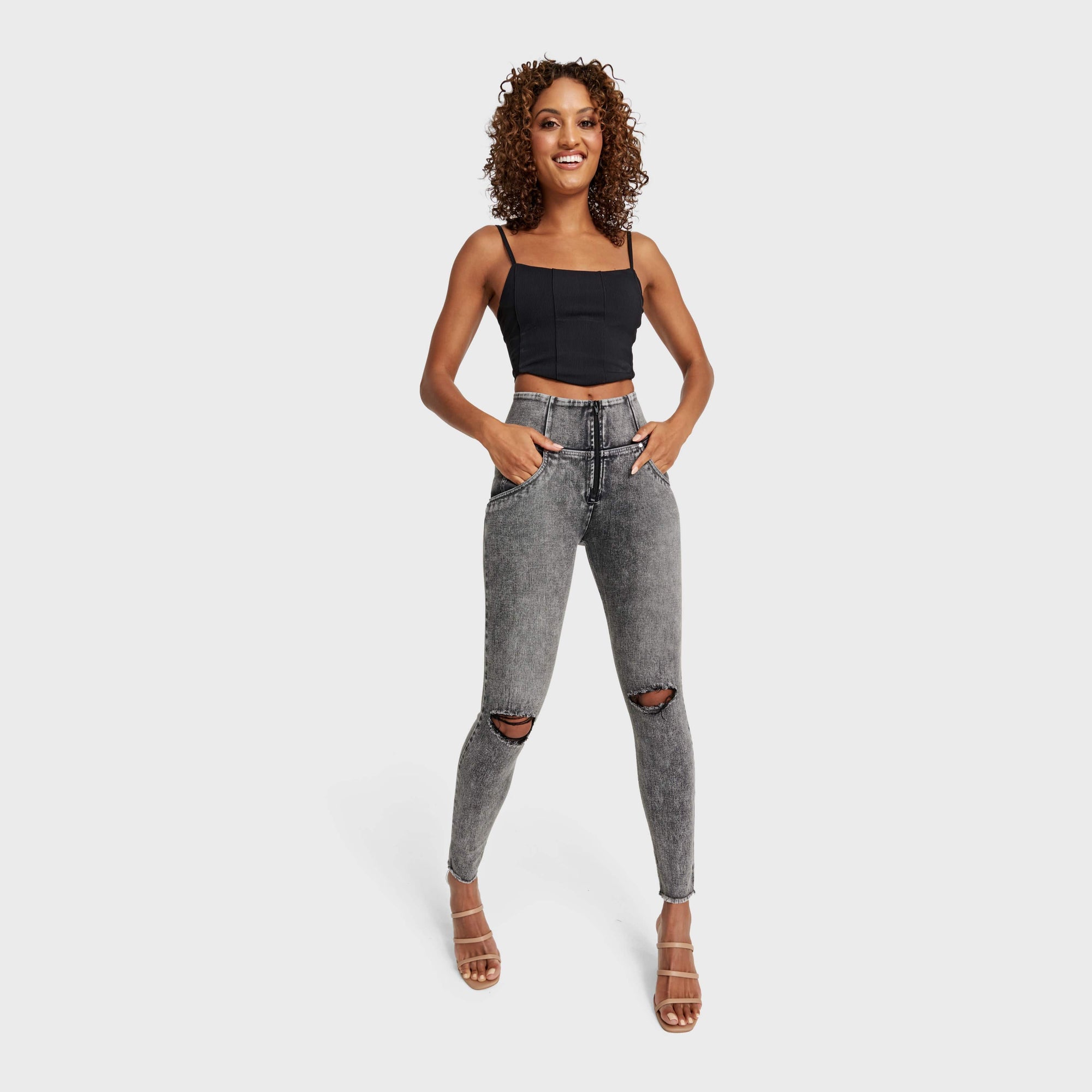 WR.UP® Snug Ripped Jeans - High Waisted - Full Length - Grey Stonewash + Grey Stitching