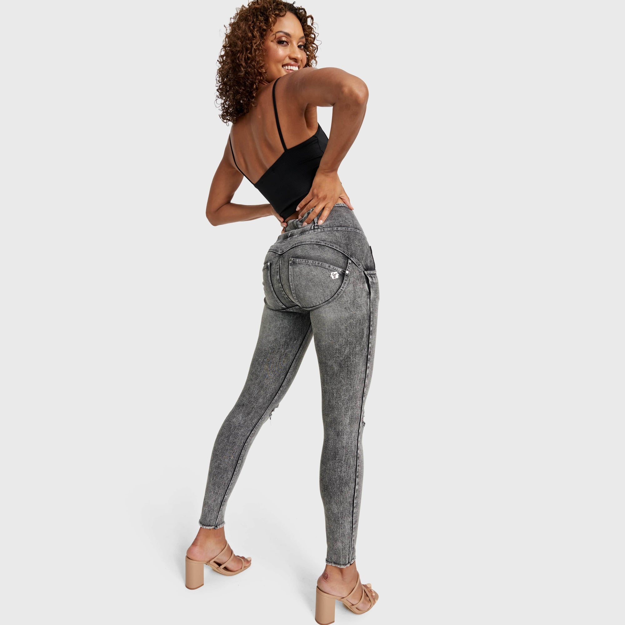 WR.UP® Snug Ripped Jeans - High Waisted - Full Length - Grey Stonewash + Grey Stitching