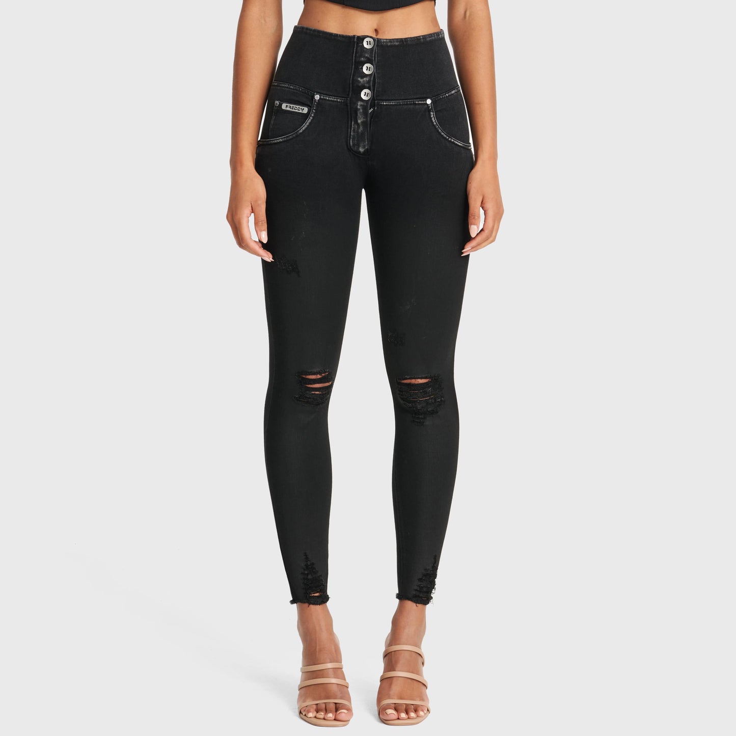 WR.UP® Snug Ripped Jeans - High Waisted - Full Length - Coated Black + Black Stitching